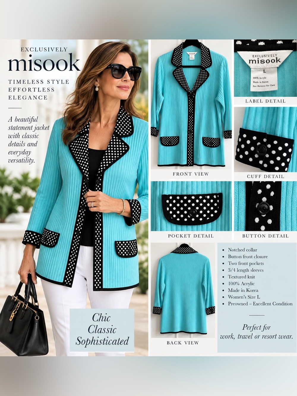 Misook Turquoise Knit Jacket with Black-and-White Polka Dot Trim